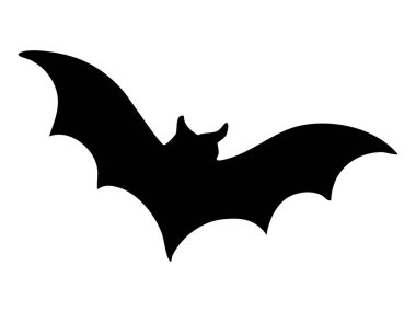 Siyah uçan yarasa silueti beyaz arka planda izole edilmiş, grafik çizimi. Cadılar Bayramı konsepti, ürkütücü yaratık, gece hayvanı, simge, logo, tasarım elementi.