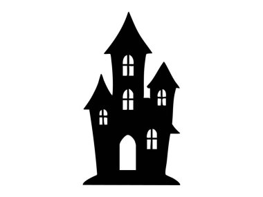 Perili evin siyah silueti beyaz arka planda izole edilmiş, grafik çizim. Cadılar Bayramı konsepti, kale, ürkütücü bina, ürkütücü malikane, ikon, logo, tasarım unsuru.