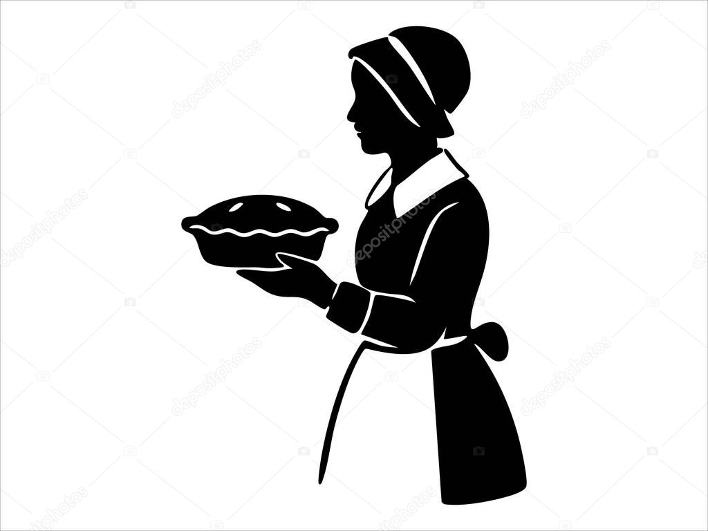 Black silhouette of woman holding pie, isolated on white background, graphic illustration. concept of baking, homemaking, traditional attire, icon, logo, design element.