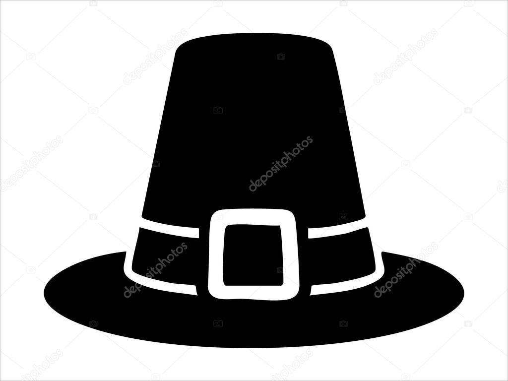 Black silhouette of pilgrim hat with buckle, isolated on white background, graphic illustration. concept of historical headwear, costume accessory, icon, logo, design element.