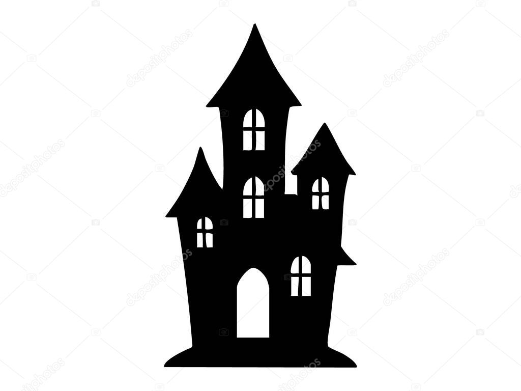Black silhouette of haunted house isolated on white background, graphic illustration. concept of halloween, castle, spooky building, creepy mansion, icon, logo, design element.