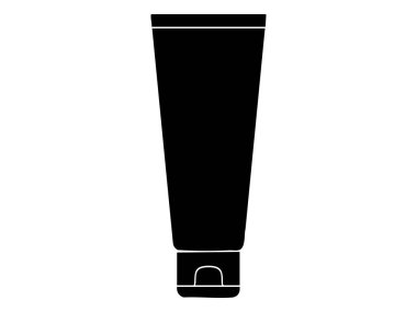 Kozmetik tüp siyah siluet beyaz arka planda izole edilmiş, grafik illüstrasyon. Diş macunu, el kremi, jel, güzellik ürünü, kişisel bakım, hijyen paketi, sağlık elementi kavramı.