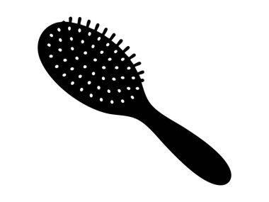 Beyaz arka planda izole edilmiş siyah saç fırçası silueti, grafik çizim. Saç bakımı konsepti, stil aracı, güzellik aksesuarı, kuaför, kişisel bakım, tasarım unsuru.
