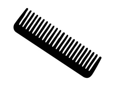 Beyaz arkaplanda siyah saç tarağı, grafik çizim. Saç bakımı, tımar, güzellik aleti, kuaför aksesuarı, stil, hijyen, tasarım unsuru.
