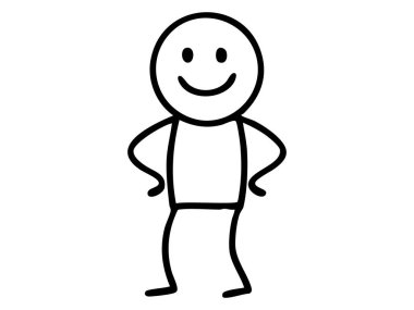 Siyah Çubuklu Adam elleri kalçasında gülümseyen, beyaz arka planda izole edilmiş, grafik çizimi yapan. İnsan kavramı, olumlu duygu, çizgi film karakteri, basit karalama, tasarım elementi.