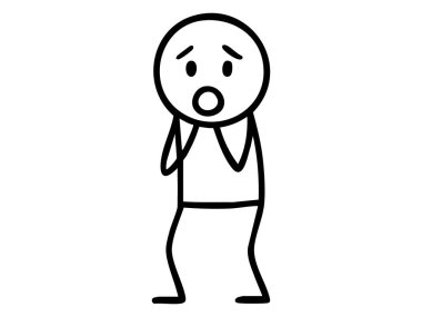 Yüzünde korku ifadesi olan, çizgi film tarzı çizim çizen siyah bir adam. Korku kavramı, endişe, duygusal tepki, insan karakteri, özet simgesi, beyaz arka planda izole edilmiş..