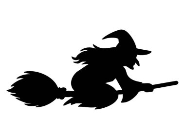 Süpürgeyle uçan bir cadının siyah silueti, beyaz arka planda izole edilmiş, grafik çizimi. Cadılar Bayramı konsepti, ürkütücü, sihir, fantezi, kostüm, gizemli figür..