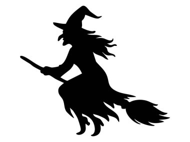 Süpürgeyle uçan bir cadının siyah silueti, beyaz arka planda izole edilmiş, cadılar bayramı temalı. Sihir konsepti, ürkütücü, tatil dekoru, mistik yaratık, ikon, tasarım elementi..