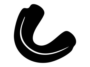 Beyaz arka planda izole edilmiş siyah ağız koruyucusu silueti, grafik çizim. Spor malzemeleri kavramı, diş koruması, dövüş sanatları, boks ve fitness eğitimi için ağızlık.