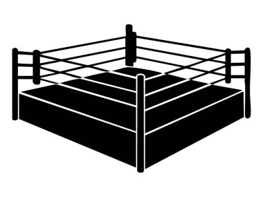 Köşe perspektifinde ipler olan siyah boks ringi silueti, beyaz arka planda izole edilmiş, grafik çizimi. Spor, dövüş sanatları, yarışma, spor salonu, ikon.