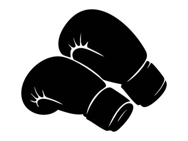 Beyaz arka planda izole edilmiş siyah boks eldiveni silueti, grafik çizim. Spor malzemeleri konsepti, dövüş sanatları, fitness, logo, ikon, eğitim donanımı.
