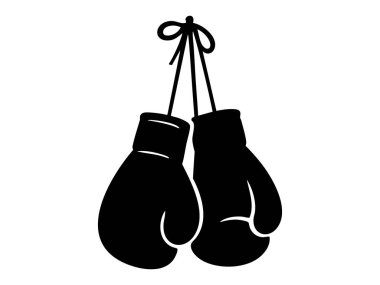 Siyah boks eldivenleri asılı, beyaz arka planda izole edilmiş, grafik resimli. Spor konsepti, dövüş sanatları, fitness takımı, simge, logo, tasarım unsuru.
