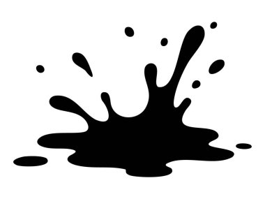 Beyaz arka planda izole edilmiş siyah sıçrama silueti, grafik çizim. Sıvı, boya sıçrama, soyut sanat, tasarım unsuru, yaratıcı kalıp, poster grafiği konsepti.