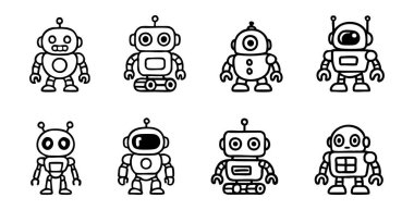 Beyaz arka planda izole edilmiş çeşitli şirin robot oyuncaklarının çizimi, grafik çizimi. Simge, fütüristik tasarım, oyuncu robot, teknoloji esinlenilmiş karakter konsepti.