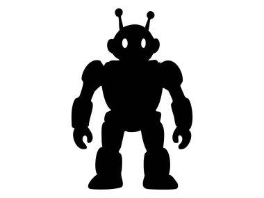 Beyaz arka planda izole edilmiş siyah robot oyuncağı silueti, grafik çizim. Fütüristik oyuncaklar, çocuk oyuncakları, ikon, logo, tasarım unsuru.