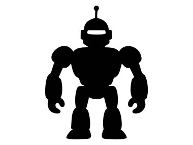 Beyaz arka planda izole edilmiş siyah robot oyuncağı silueti, grafik çizim. Fütürist makine, android simgesi, çocuklar için oyuncak tasarım unsuru, bilim kurgu sanatı.