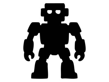 Beyaz arka planda izole edilmiş siyah robot oyuncağı silueti, grafik çizim. Robot konsepti, teknoloji, fütüristik oyuncak, simge, logo, tasarım ögesi.