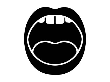 Beyaz arka planda izole edilmiş dişleri ve dili olan açık insan ağzının siyah silüeti, grafik çizimi. Konuşma, yeme, ağız sağlığı, iletişim, insan anatomisi kavramı.