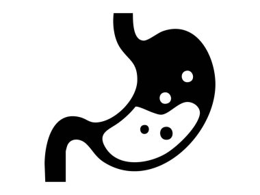 Beyaz arka planda izole edilmiş baloncuklu insan mide organının siyah silüeti, grafik çizim. Sindirim, anatomi, gastrointestinal sistem, tıp, sağlık tasarım unsuru kavramı.