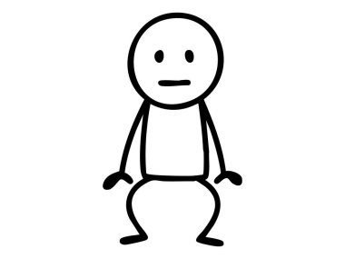 Tarafsız duruş içinde, çizgi film çizimi gibi ifadesiz duran siyah çöp adam. Duyarsızlık kavramı, sıkıcı duygu, pasif ruh hali, insan karakteri, beyaz arka planda izole edilmiş..