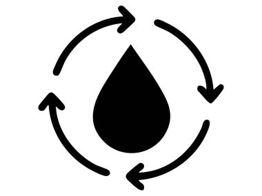 Beyaz arka planda izole edilmiş dairesel oklarla siyah su damlası ikonu, grafik çizimi. Su geri dönüşümü, sürdürülebilirlik, eko koruma, susuzluk, yenilenebilir kaynak kavramı.