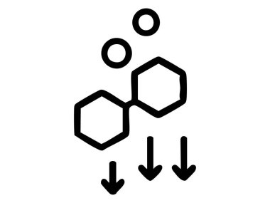Beyaz arka planda izole edilmiş okları ve daireleri olan altıgen kimyasal bileşiğin siyah simgesi, grafik çizimi. Kimya, bilim, moleküler yapı, simge, logo, tasarım elementi kavramı.