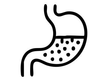Beyaz arkaplanda izole edilmiş, baloncuklu siyah bir mide çizgisi. Grafik çizimi. Tıbbi sembol konsepti, anatomi, sağlık, biyoloji, tasarım unsuru.