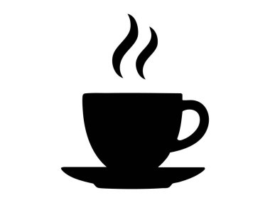 Siyah dumanı tüten bardak silueti, beyaz arka planda izole edilmiş, grafik illüstrasyon. Sıcak içecek, kahve, çay, içecek ikonu, logo, mutfak tasarım elementi konsepti.