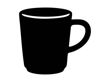 Beyaz arka planda izole edilmiş siyah kahve fincanı silueti, grafik çizim. içecek kabı, sıcak içecek, sabah kahvesi, mutfak gereçleri, kafe, tasarım elementi.