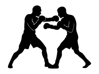 İki dövüşçünün siyah silueti, beyaz arka planda izole edilmiş, grafik çizimi. boks, spor, fitness, dövüş sporu, atletizm yarışması.