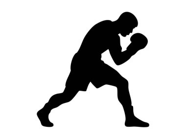 Hareketli bir boksörün siyah silueti, beyaz arka planda izole edilmiş, grafik çizimi. Sporcu, boks, dövüş sanatları, spor ikonu, logo, tasarım unsuru.