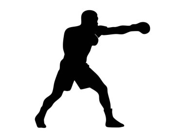 Siyah boksör silueti, beyaz arka planda izole edilmiş, grafik çizimi. Spor, dövüş sanatları, atlet, fitness, ikon, logo, tasarım unsuru.