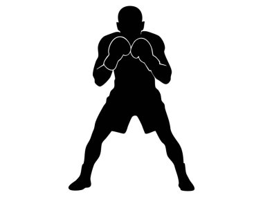 Boks pozisyonunda siyah bir siluet, beyaz arka planda izole edilmiş, grafik çizimi. Sporcu, spor, dövüş eğitimi, simge, logo, tasarım unsuru.