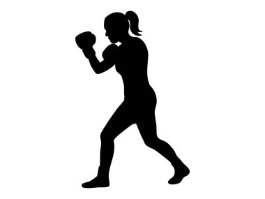 Kadın boksörün siyah silueti boks duruşu, beyaz arka planda izole edilmiş, grafik çizimi. Fitness konsepti, güç, dövüş sanatları, spor figürü, tasarım öğesi.
