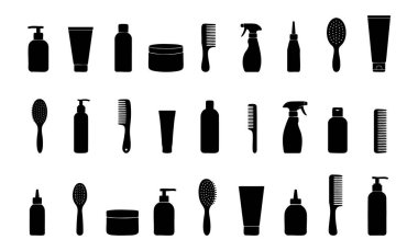 Siyah saç bakım ürünleri ve aletleri siluetleri, beyaz arka planda izole edilmiş, grafik çizimi. Güzellik ürünleri konsepti, stil esasları, kuaför aksesuarları, tasarım unsuru.
