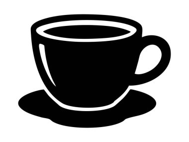 Siyah kahve fincanı ve fincan tabağı silueti, beyaz arka planda izole edilmiş, grafik çizimi. Sıcak içecek, kafe, espresso, ikon, logo, tasarım elementi kavramı.