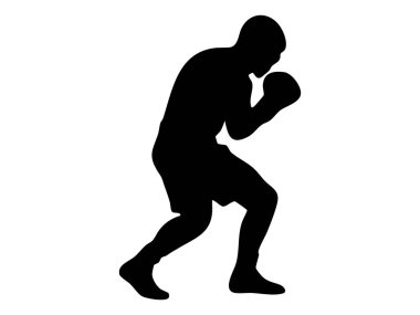 Dövüş duruşu içinde siyah siluet, beyaz arka planda izole edilmiş, grafik çizimi. Sporcu, spor, boks, dövüş sanatları, ikon, logo, tasarım unsuru.