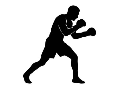 Dövüş duruşu içinde siyah siluet, beyaz arka planda izole edilmiş, grafik çizimi. Boks, boksör, spor, atletizm eğitimi, ikon, tasarım unsuru.