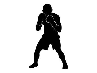 Dövüş duruşu içinde siyah siluet, beyaz arka planda izole edilmiş, grafik çizimi. boks, spor, atlet, egzersiz, simge, logo, tasarım unsuru.