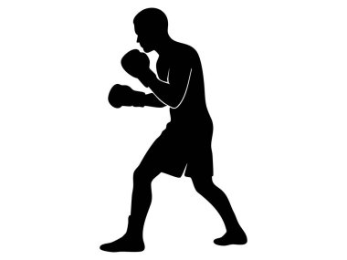 Dövüş duruşu içinde siyah siluet, beyaz arka planda izole edilmiş, grafik çizimi. Spor konsepti, dövüş sanatları, atlet, güç, fitness, tasarım unsuru.
