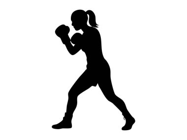 Dövüş pozisyonunda siyah bir boksör silueti, beyaz arka planda izole edilmiş, grafik çizimi. Boks, fitness, dövüş sanatları, sporcu, ikon, logo, tasarım unsuru.