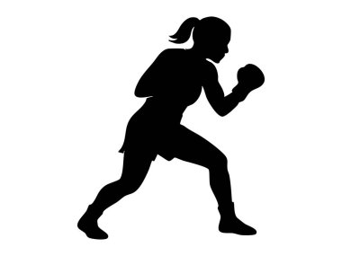 Kadın boksörün siyah silueti beyaz arka planda izole edilmiş, grafik çizimi. Sporcu, boks, kadın gücü, dövüş sanatları, ikon, logo konsepti.