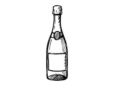 Beyaz arka planda siyah beyaz şampanya şişesinin el çizimi. Kutlama, parti, içecek, şenlikli içecek, şarap, izole edilmiş ikon, tasarım elementi.