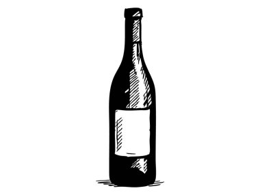 Şarap şişesinin siyah çizimi, beyaz arka planda izole edilmiş, grafik çizimi. içecek, içecek, alkol, bar, parti, şarap tatma, tasarım unsuru, logo simgesi
