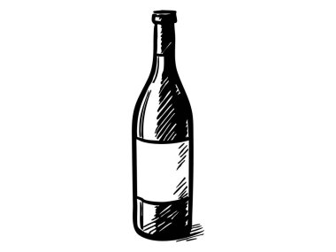 Minimalist tarzda, beyaz arka planda izole edilmiş şarap şişesinin siyah çizimi, grafik çizimi. içecek konsepti, üzüm bağı, içecek, simge, logo, tasarım elementi.