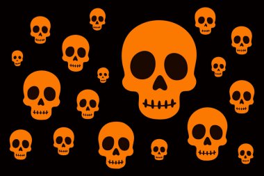 Siyah arka planda turuncu kafatasları olan cadılar bayramı kafatası desenleri, grafik çizimler. Korku konsepti, korkunç tatil, korkunç kafatası tasarımı, korku, ölüm, gece.