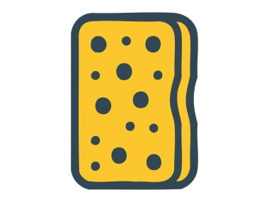 Siyah çizgili daireleri olan sarı sünger, beyaz arka planda izole edilmiş, basit bir grafik çizimi. Temizlik konsepti, ev, mutfak gereçleri, tasarım unsuru.