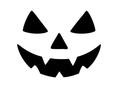 Beyaz arka planda izole edilmiş siyah balkabağı fener yüzü ikonu, grafik çizimi. Cadılar bayramı konsepti, balkabağı oyma, ürkütücü, simge, logo, tasarım elementi.