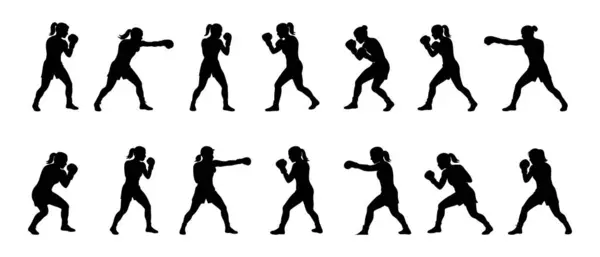 Çeşitli boks pozlarında siyah kadın boksör silueti, beyaz arka planda izole edilmiş, grafik çizimi. Sporcu, spor, fitness, dövüş sanatları, tasarım unsuru.