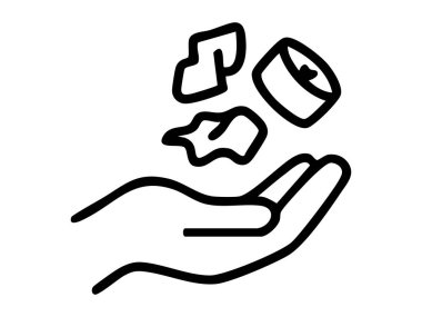 Üzerinde kum olan siyah bir el çizgisi, beyaz arka planda izole edilmiş, grafik çizimi. Çevre kirliliği, atık yönetimi, geri dönüşüm, simge, tasarım elementi kavramı.